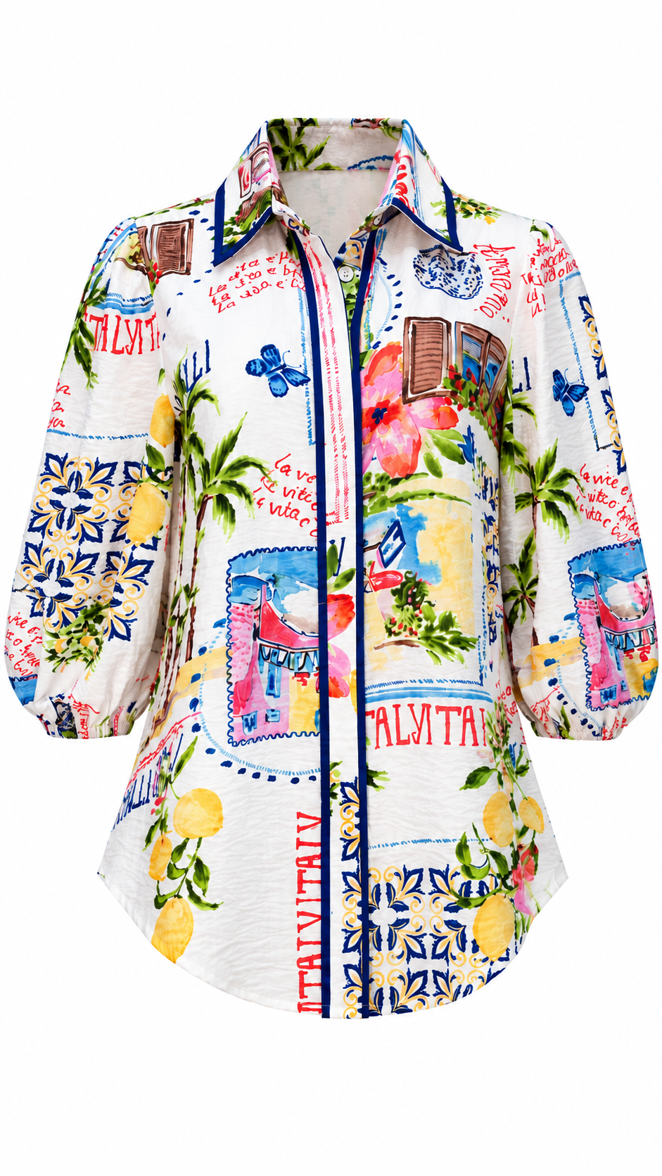 White Bella Shirt featuring a colorful Italy print with lemons, palm trees, blue trim, and European architecture motifs.
