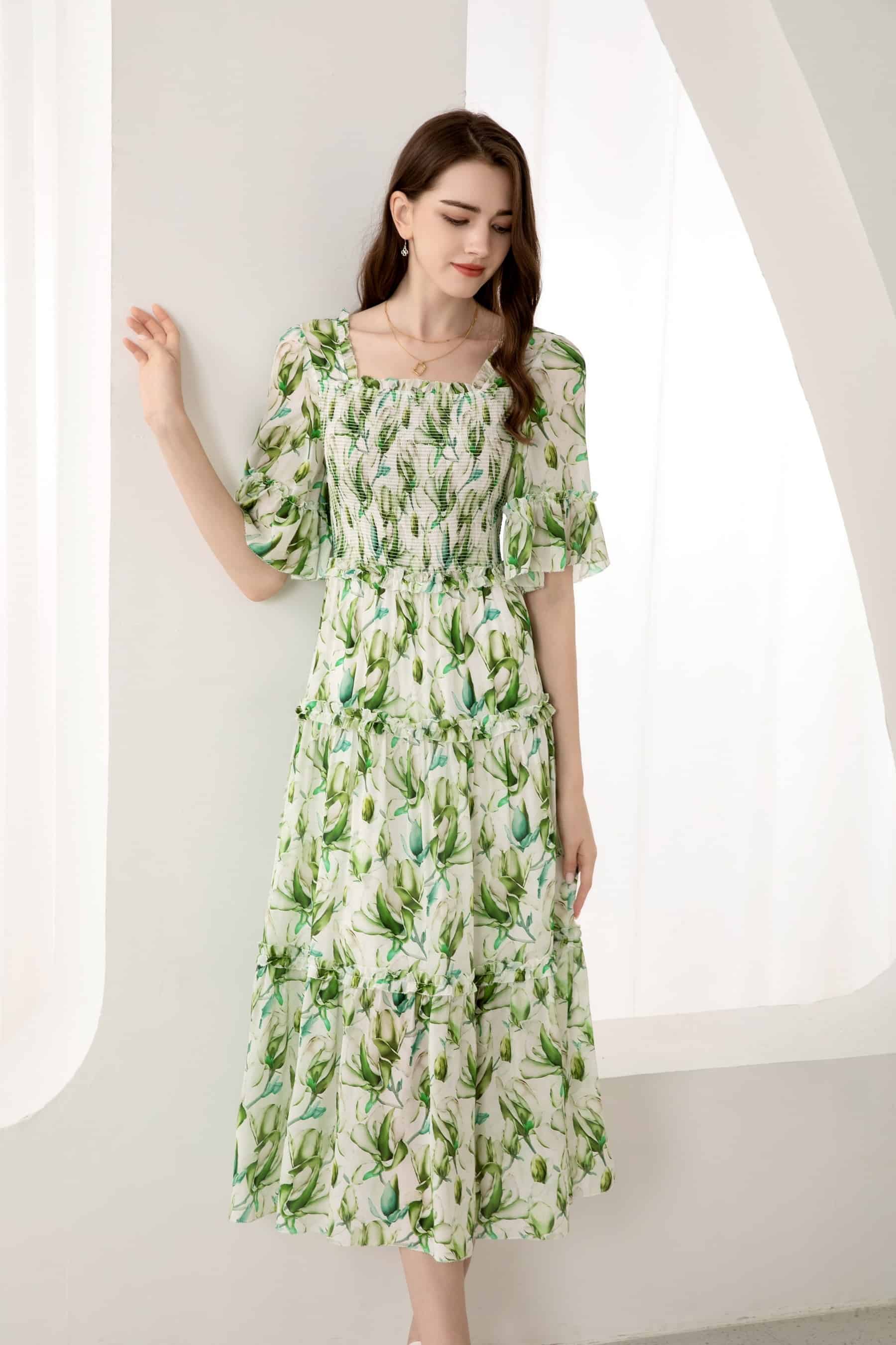 GDS Risette Silk Long Dress | Green Print