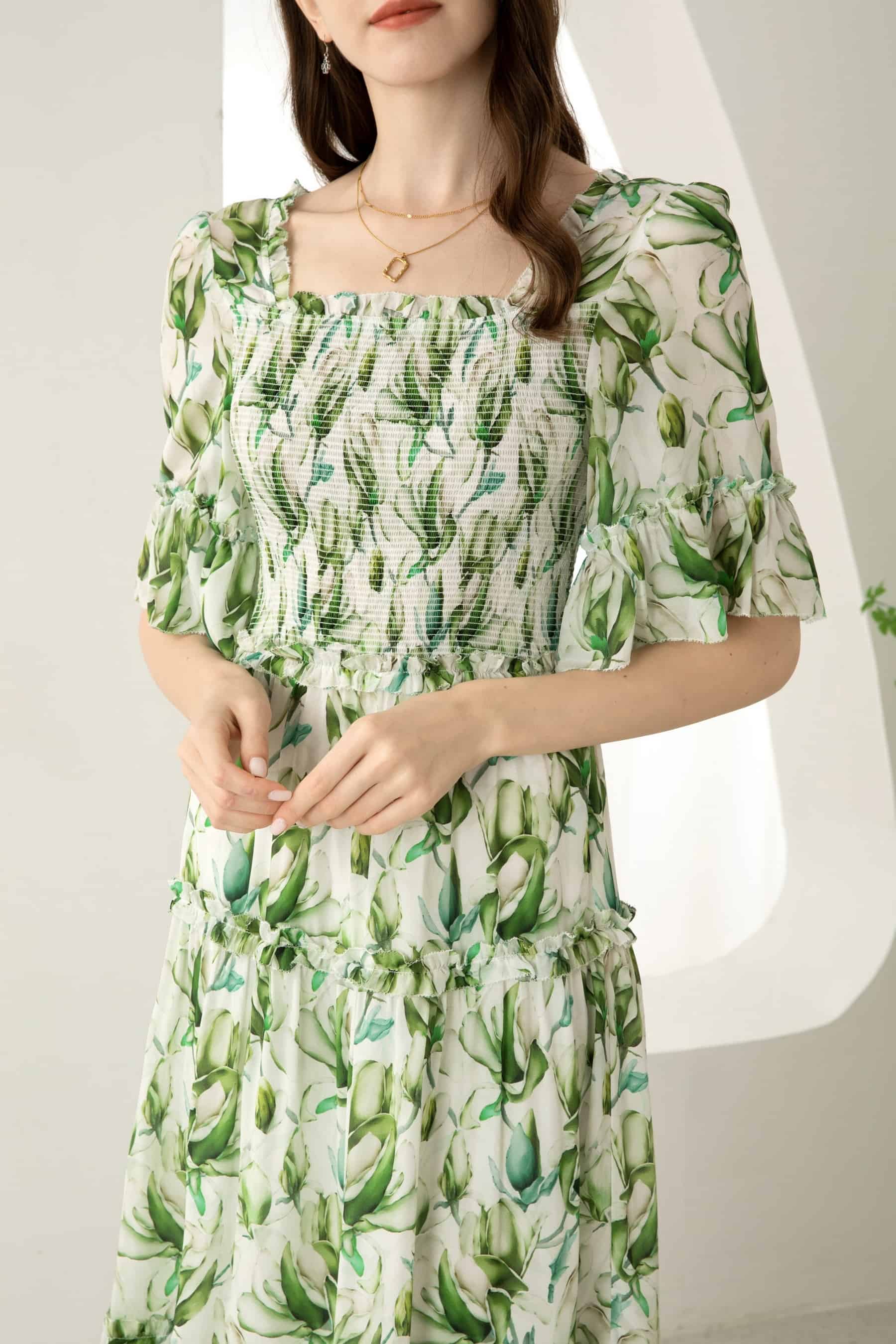 GDS Risette Silk Long Dress | Green Print