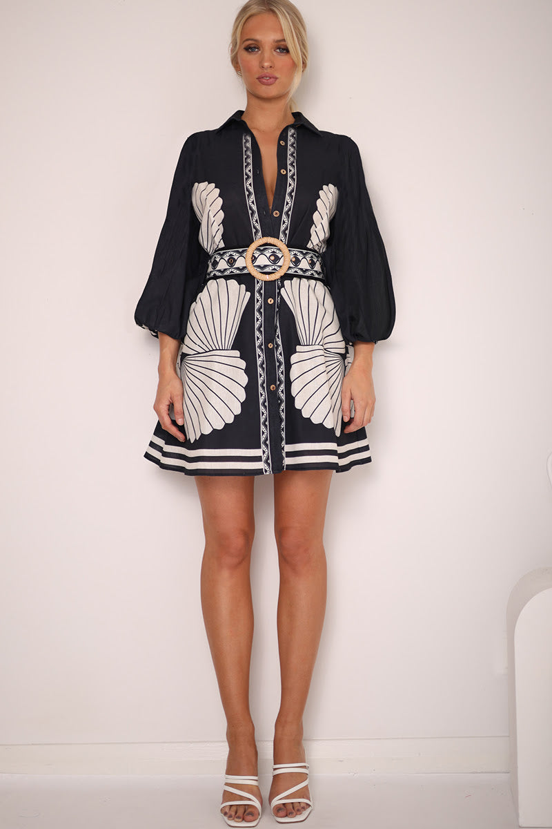 Carmelo Linen Short Dress | Black- Beige