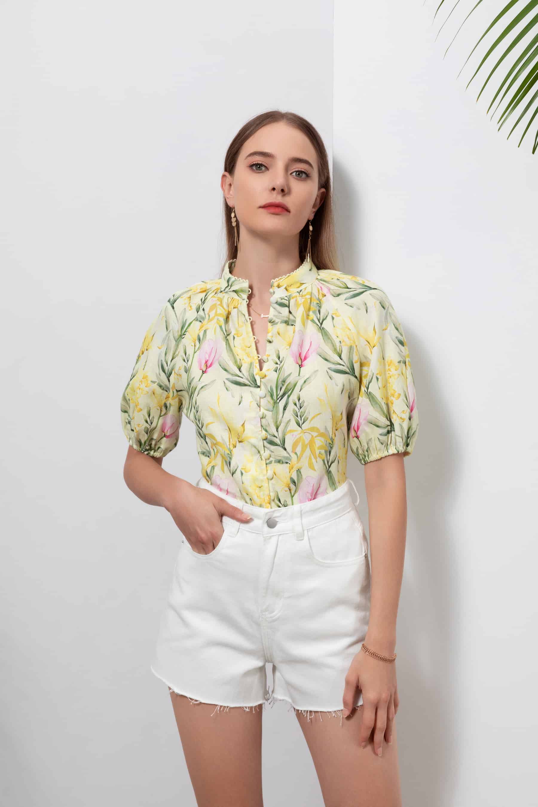GDS Desiree Floral Linen Blouse | Yellow BLOUSES BLOUSES BRUNCH Catch GDS HOLIDAY L M S SPRING-SUMMER WORK XL XS YELLOW