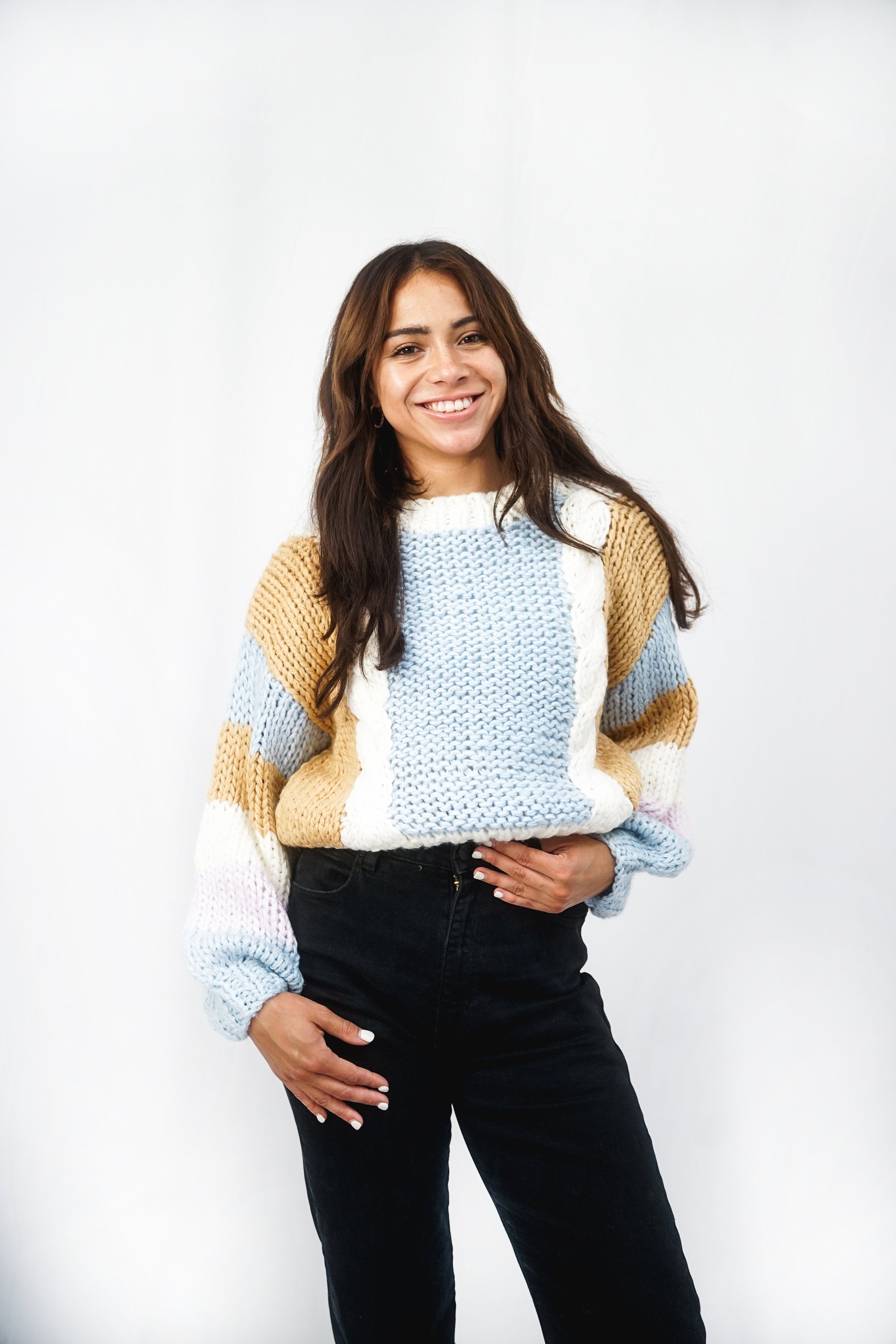 Cable Fronted Handmade Jumper | Blue-Mist CARDIGAN autumn-winter BLUE KNIT M - L S - M SALE stellino